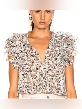Ulla Johnson Silk Ruffle Blouse | Cream Floral | Size Labeled 6 (Fits Like 16)